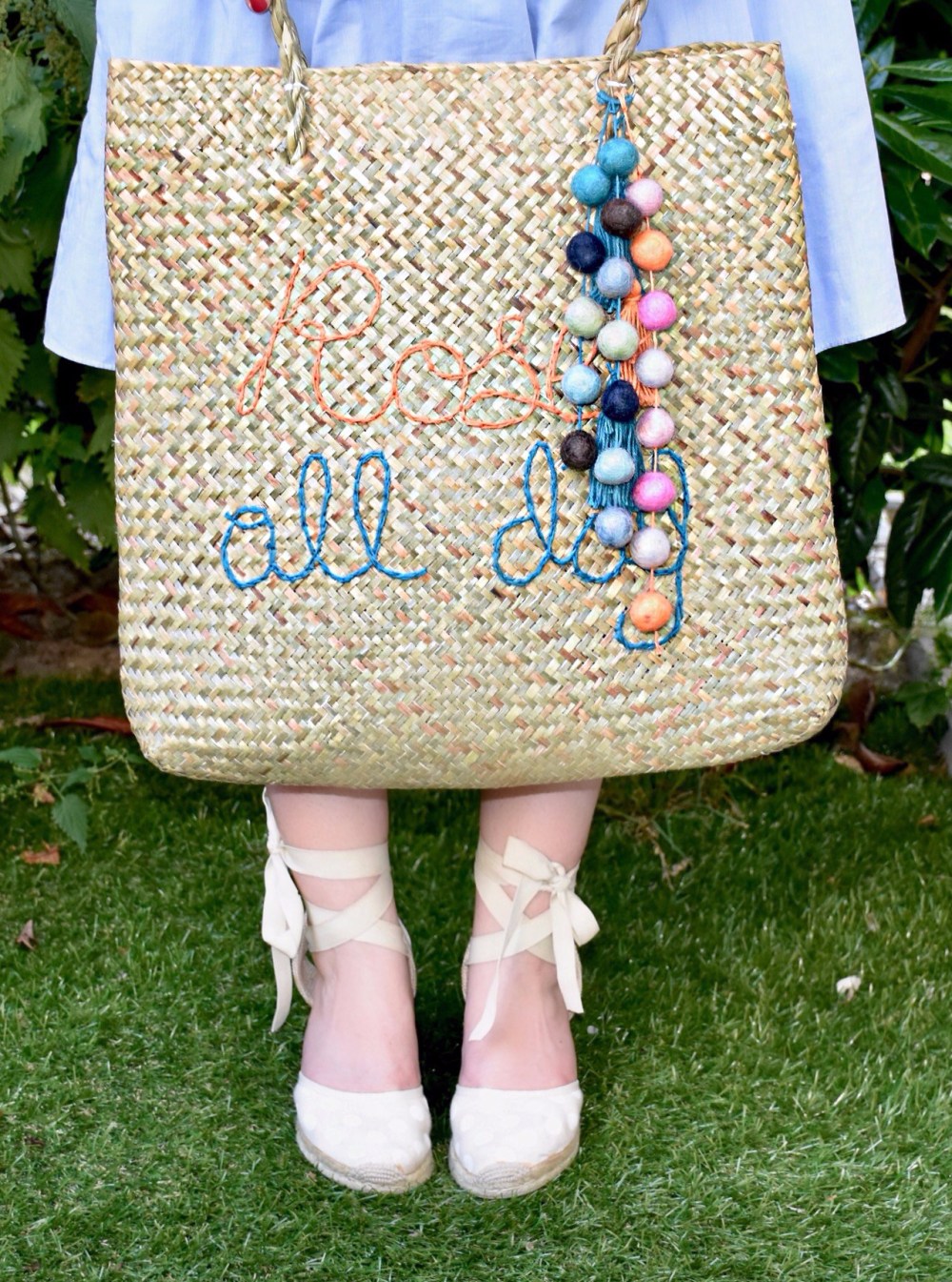 DIY embroidered straw picnic tote rose all day summer